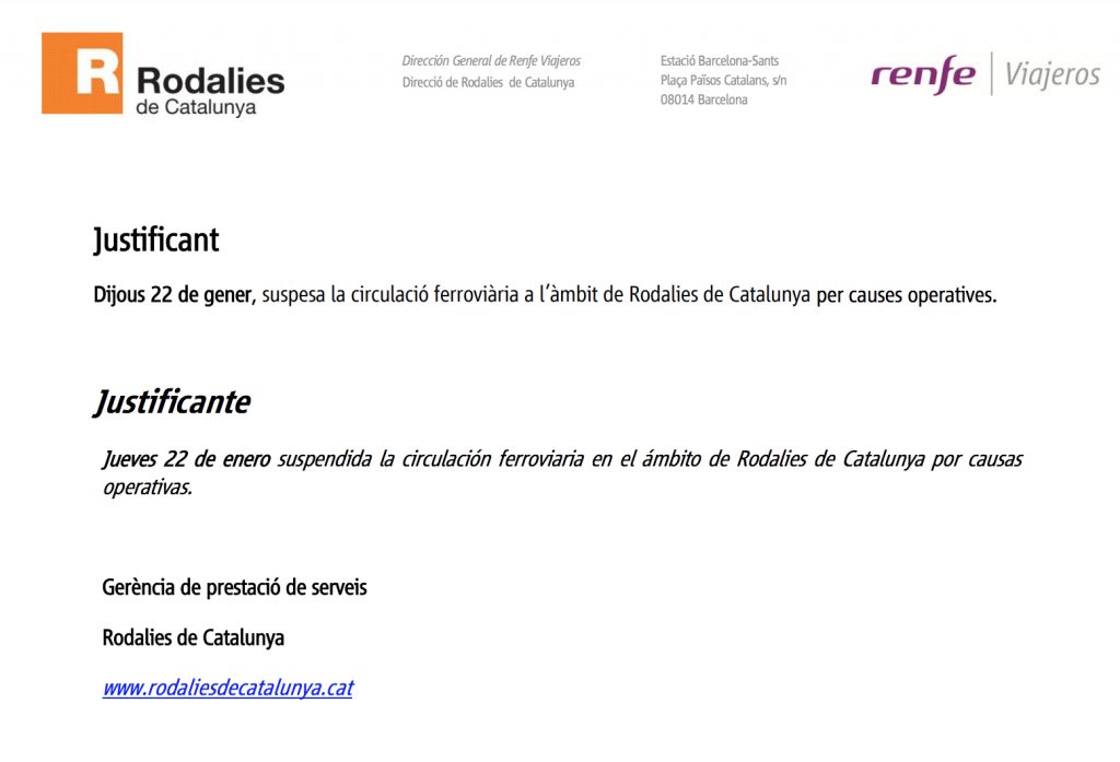 Justificante que se puede descargar desde la web de Rodalies